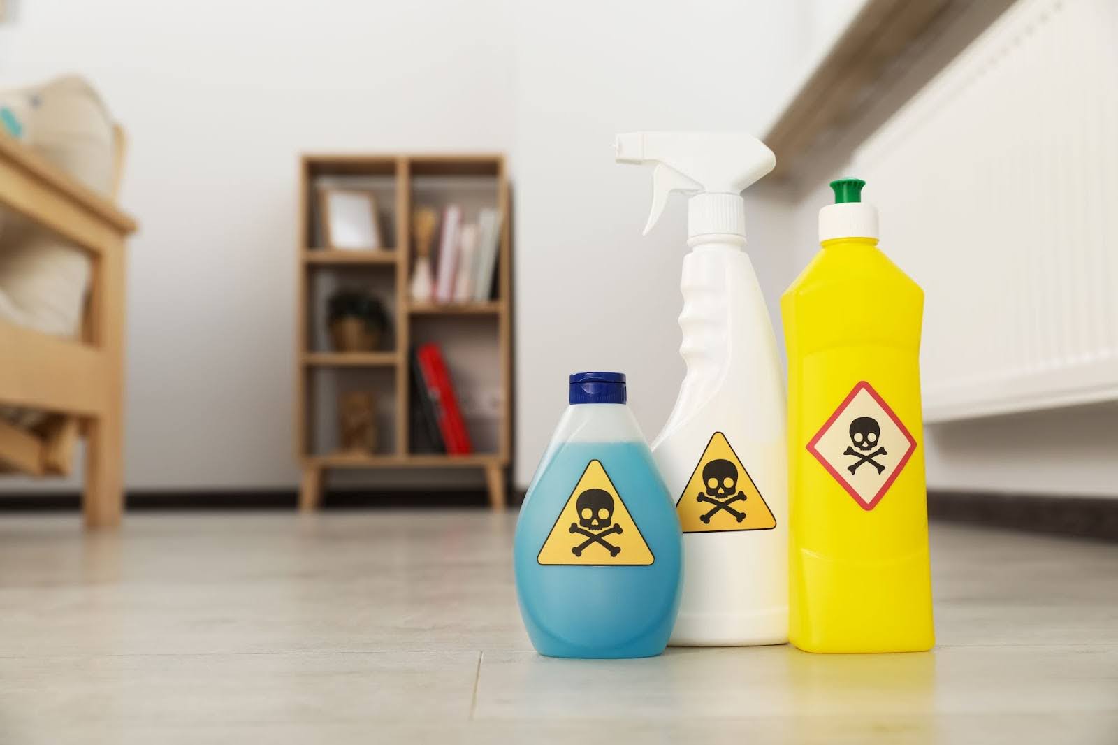 Cleaning products with skull and crossbones on them. Cleaning products with skull and crossbones on them.